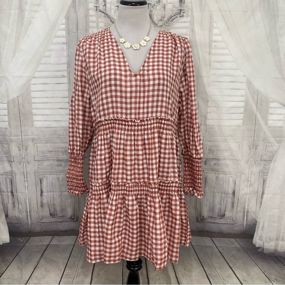 Chelsea & Violet Dress Size Large Brick Red And White Tiered Ruffle Plaid Check